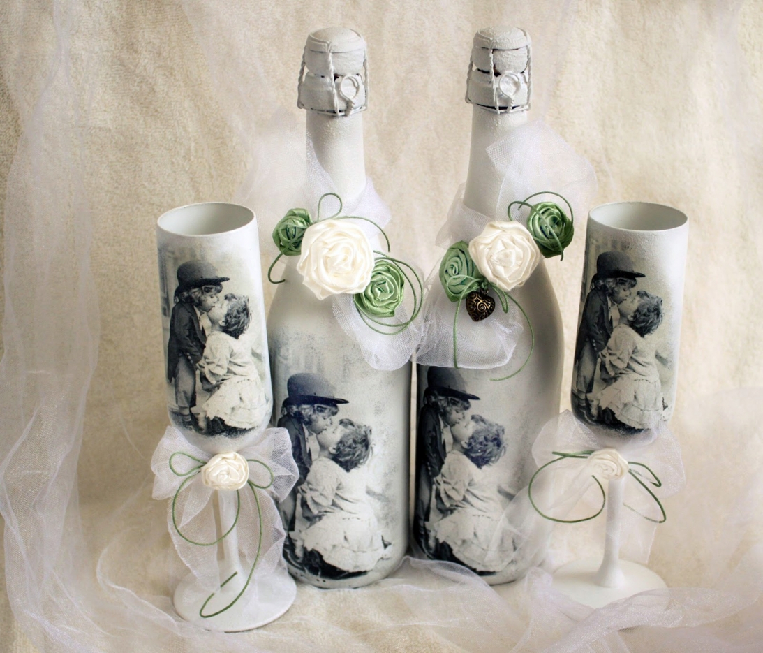 Декор бутылок шампанского, украшение бутылок на свадьбу