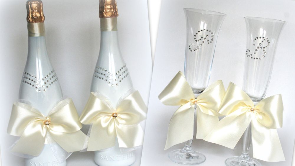 Три отличных мастер-класса для оформления свадебных бутылок шампанского своими руками