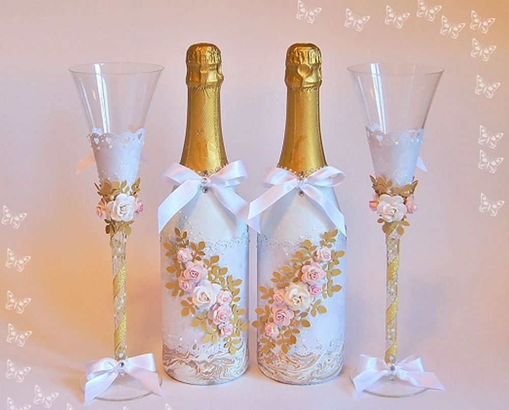 Украшение для шампанского на свадьбу, оформление свадебного шампанского молодоженов